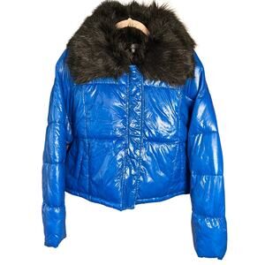 Blue Puffer Crop Jacket with Black Fur Trim - Size US 6 Medium